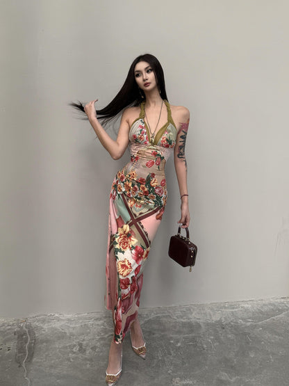 mss studio Romantic Floral Print Spliced Lace Slimming Women&