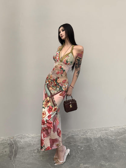 mss studio Romantic Floral Print Spliced Lace Slimming Women&