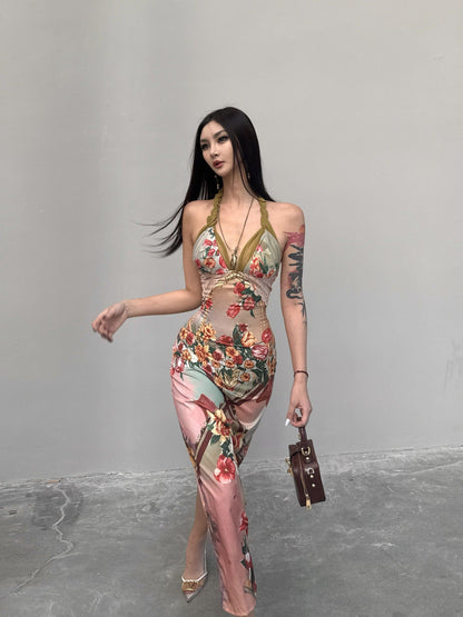 mss studio Romantic Floral Print Spliced Lace Slimming Women&