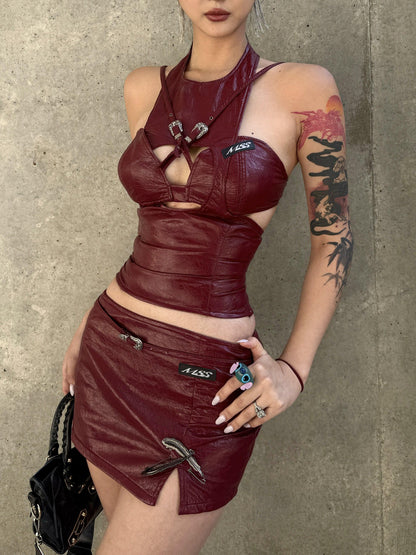 mss studio Sexy Burgundy Deconstructed Halter Women&