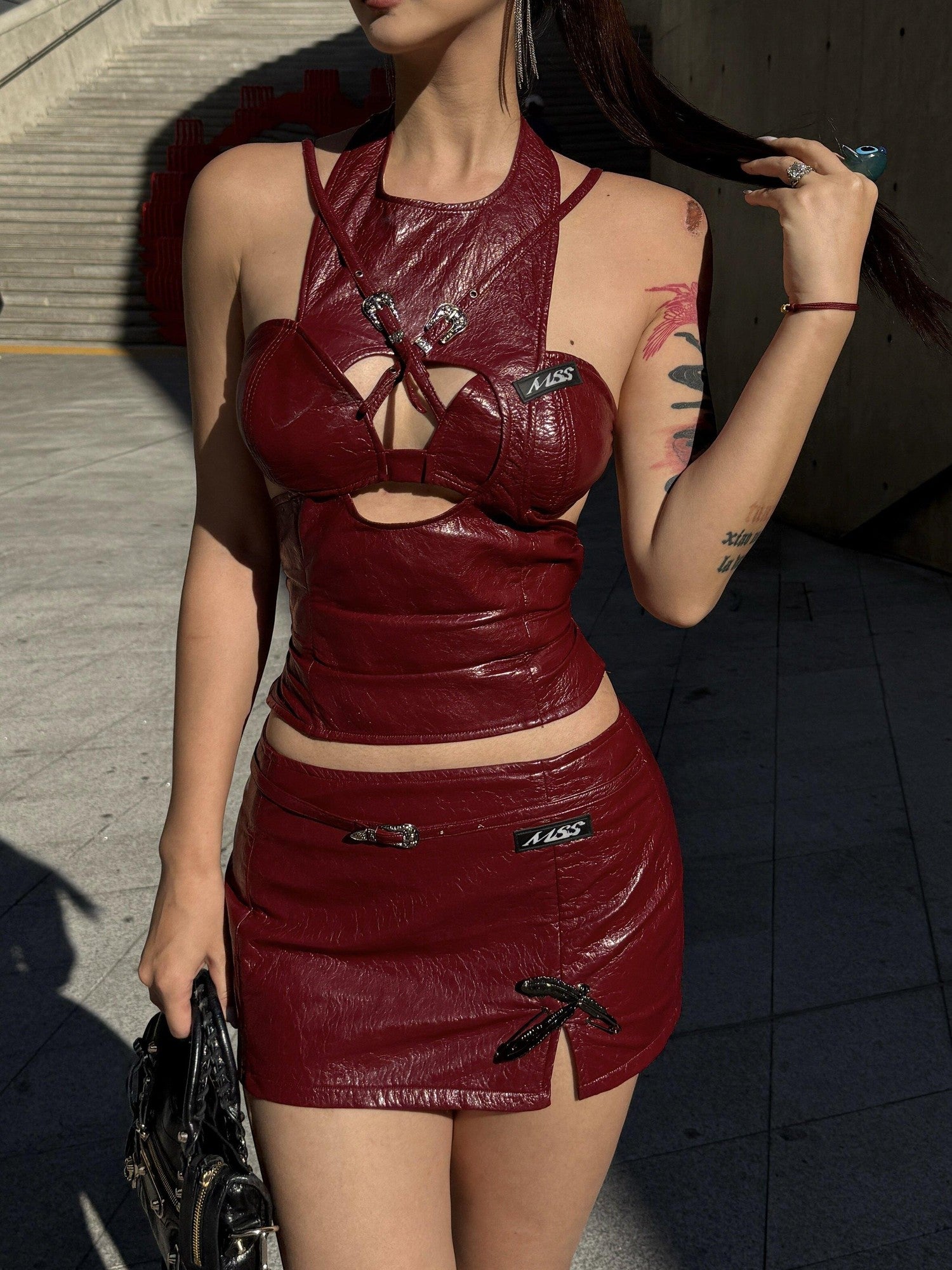mss studio Sexy Burgundy Deconstructed Halter Women&