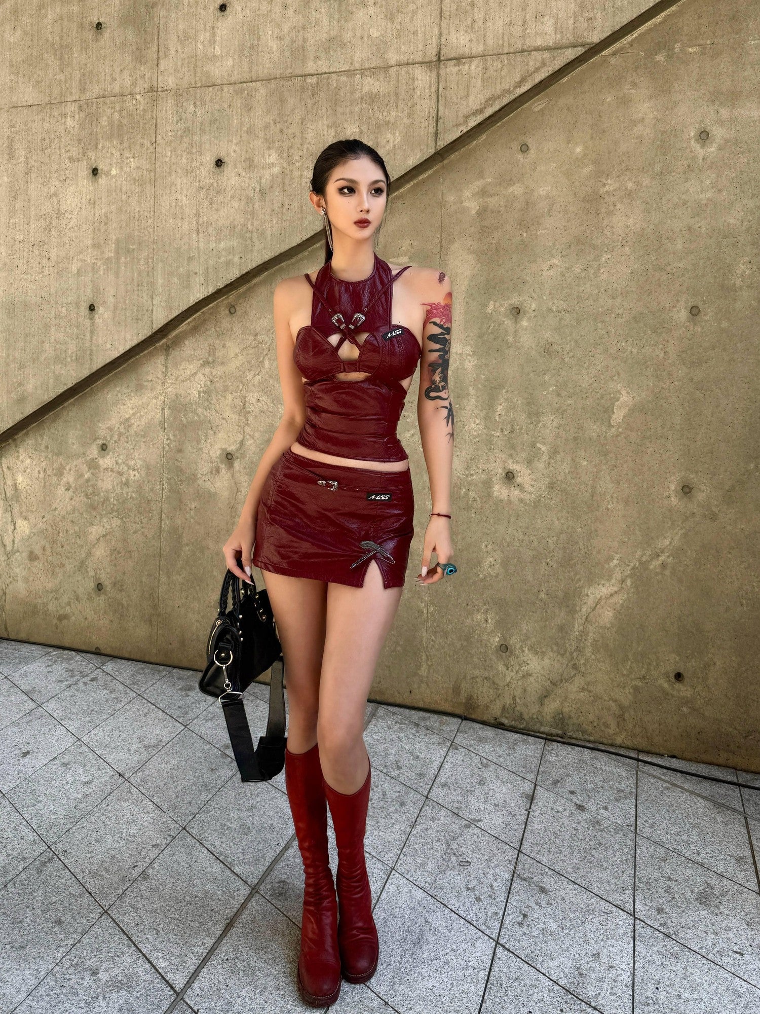 mss studio Sexy Burgundy Deconstructed Halter Women&