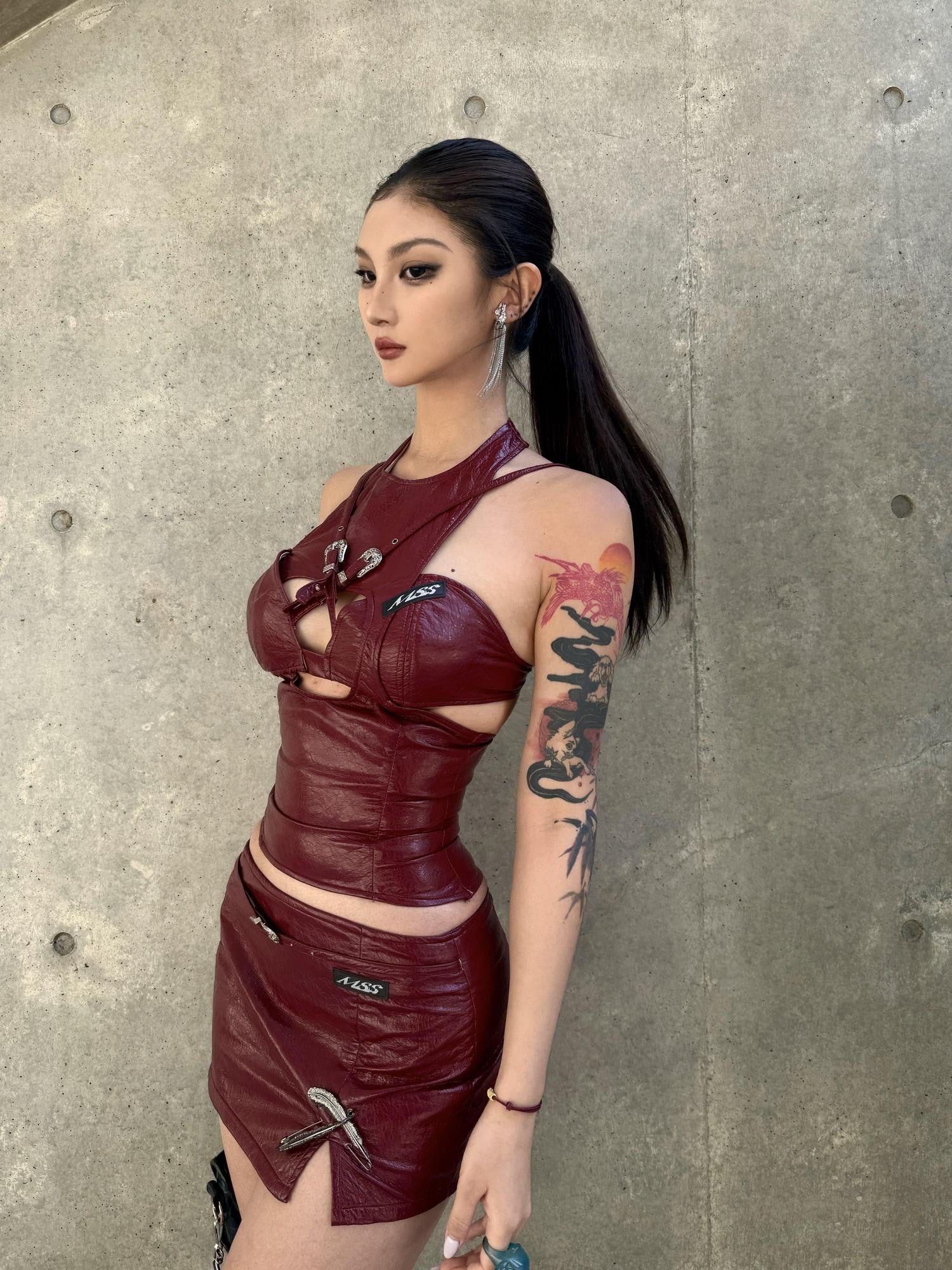mss studio Sexy Burgundy Deconstructed Halter Women&