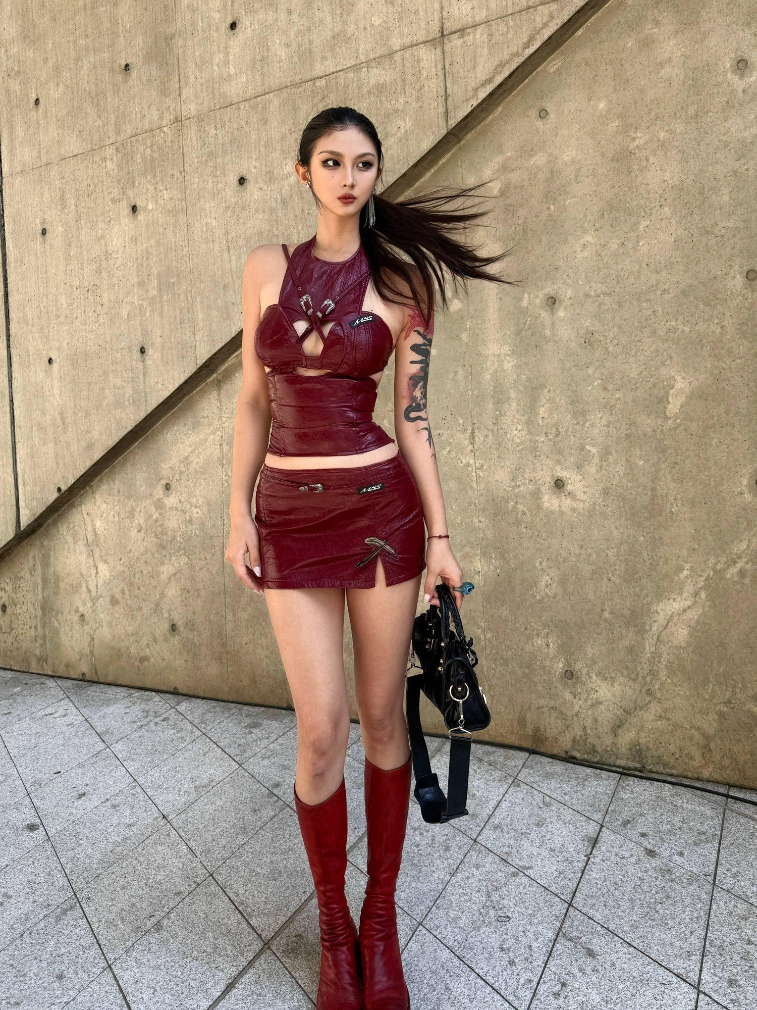 mss studio Sexy Burgundy Deconstructed Halter Women&