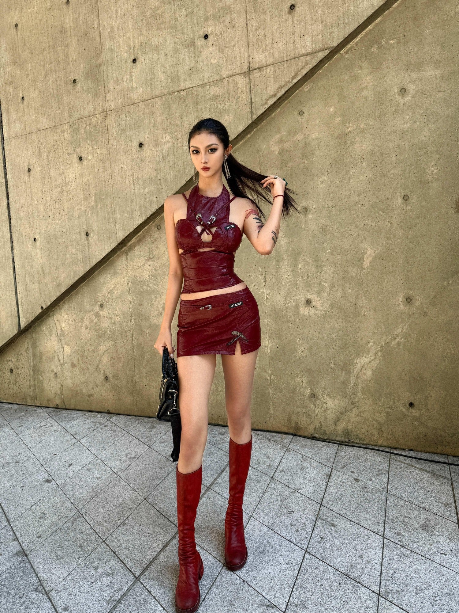 mss studio Sexy Burgundy Deconstructed Halter Women&