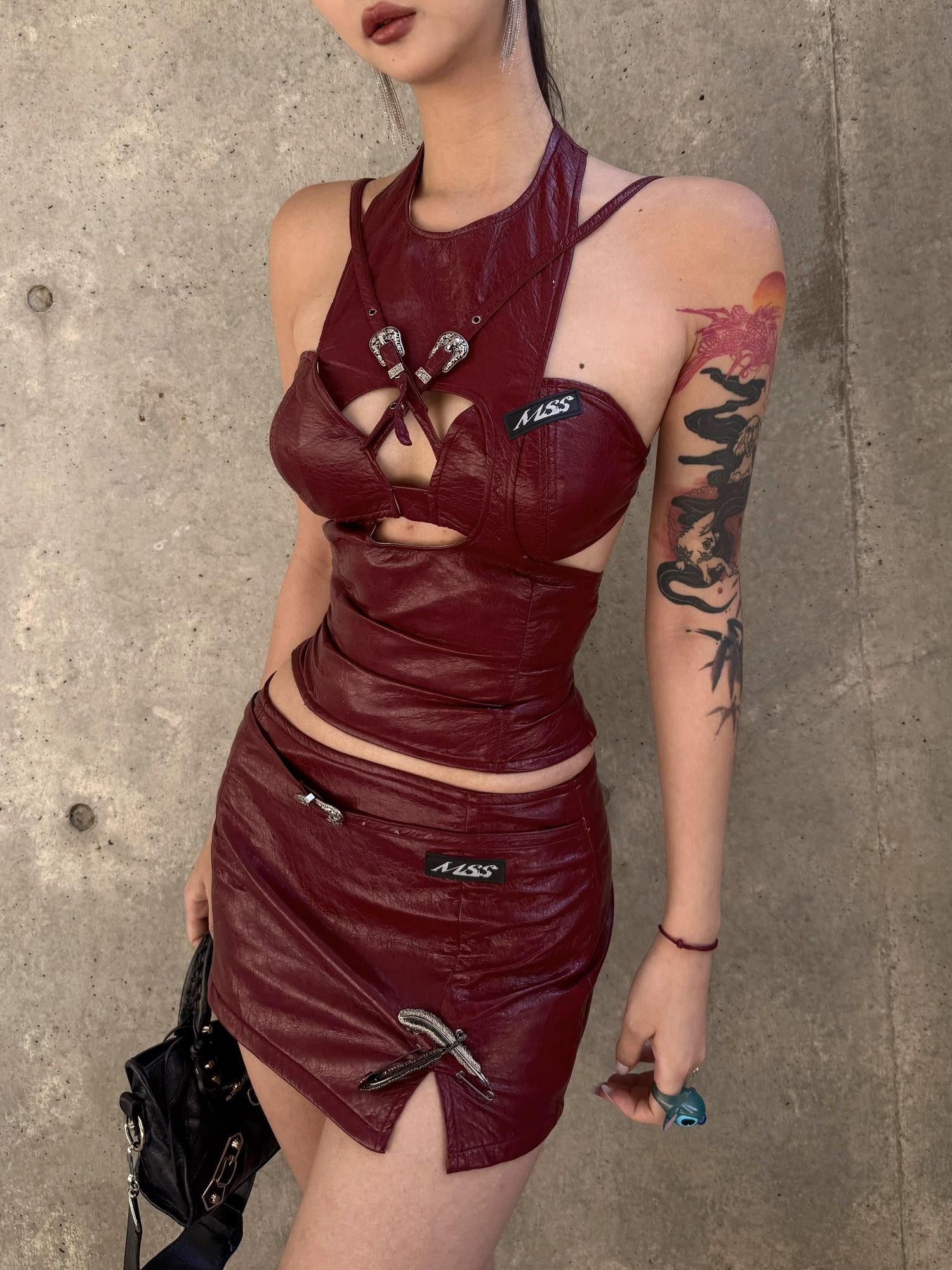 mss studio Sexy Burgundy Deconstructed Halter Women&