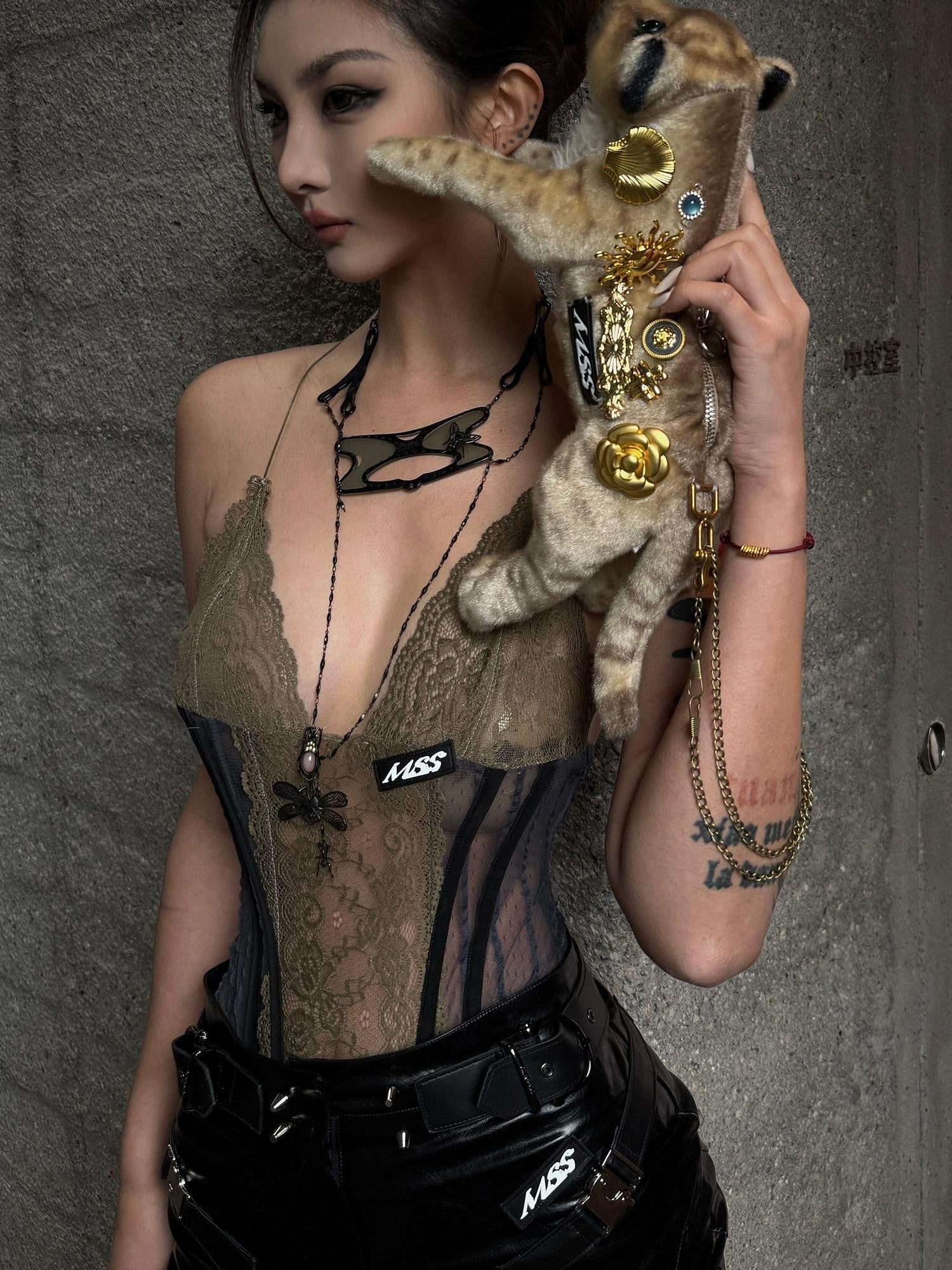 mss studio Sexy Military Lace Patchwork Boned One Piece Women&