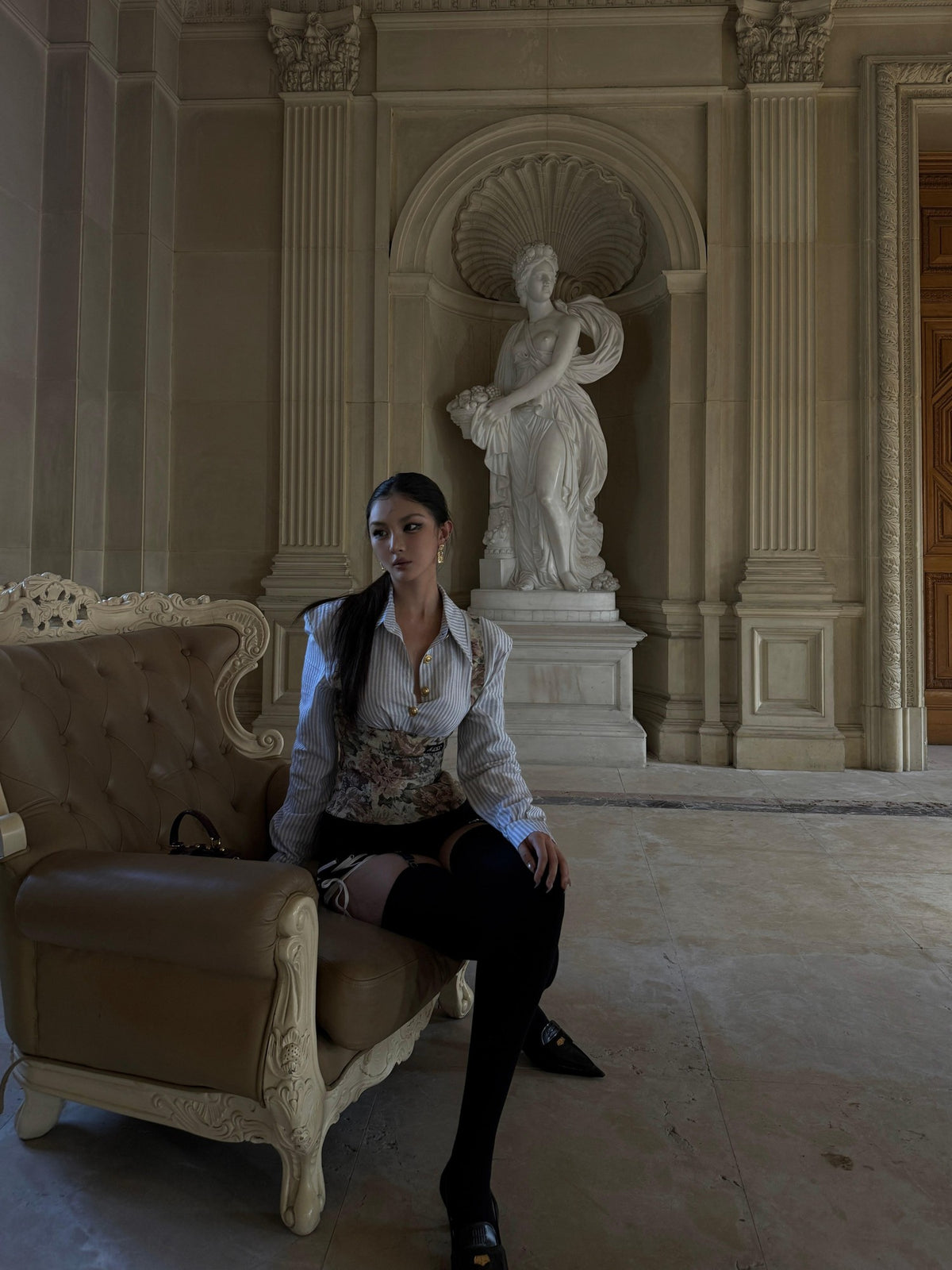 mss studio Striped Floral Spliced Waist Cinch Court Sleeve Women&