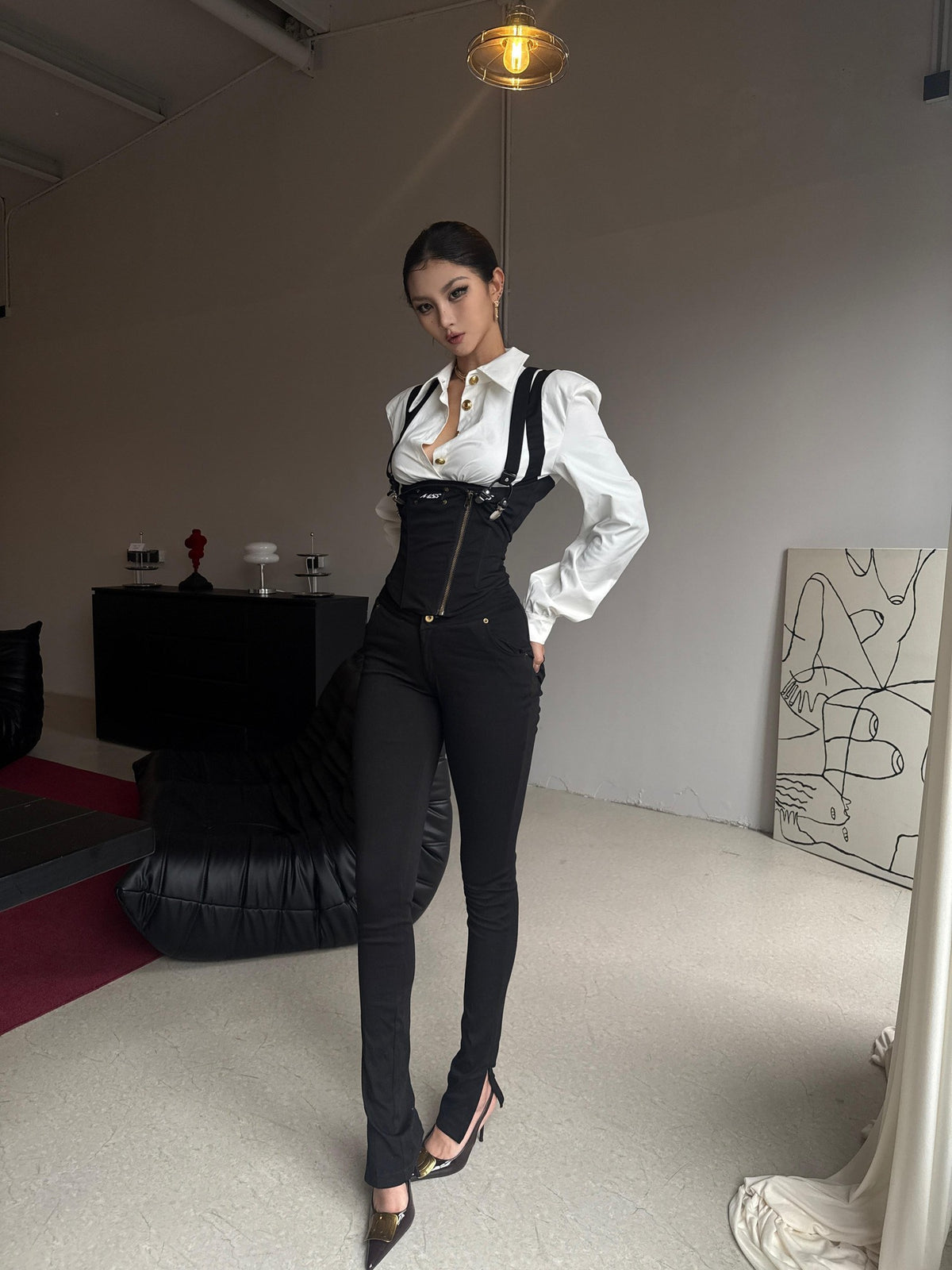 mss studio Vintage High Waist Suspender Stretch Black Women&