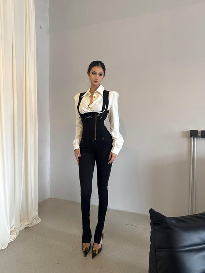 mss studio Vintage High Waist Suspender Stretch Black Women&