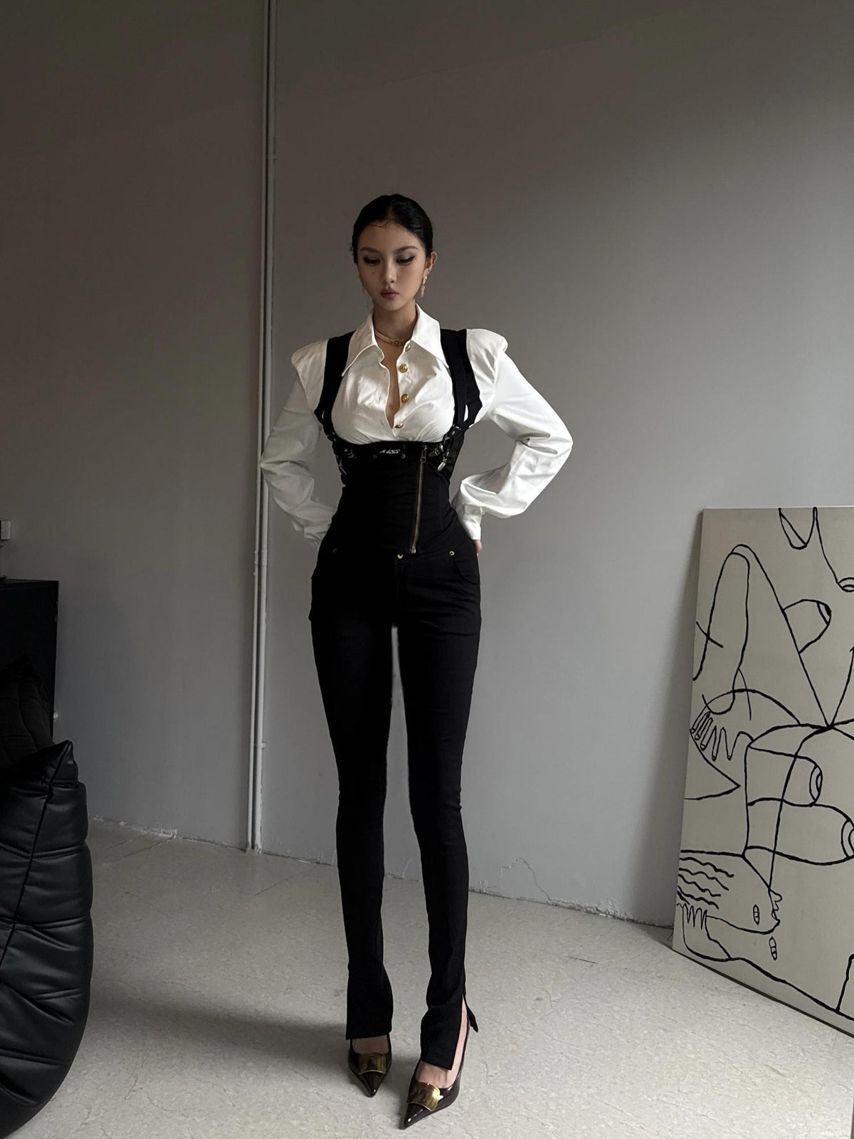 mss studio Vintage High Waist Suspender Stretch Black Women&