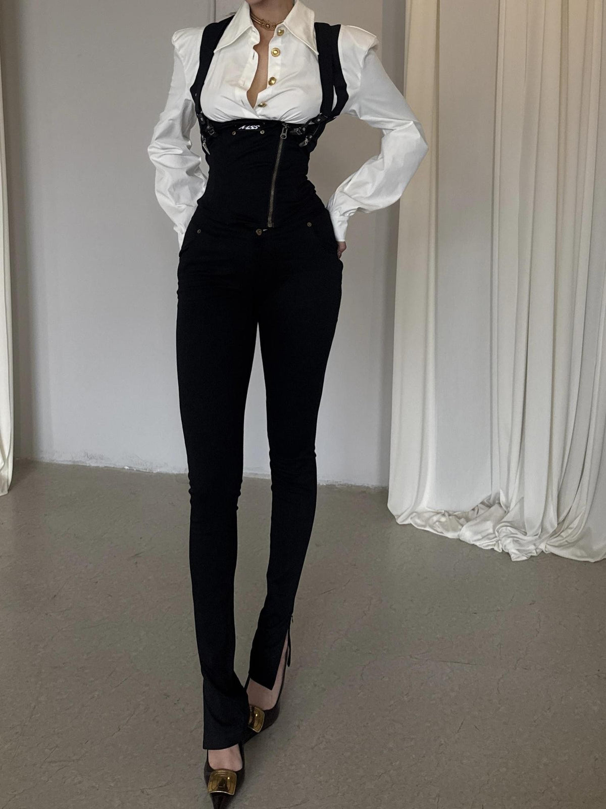 mss studio Vintage High Waist Suspender Stretch Black Women&