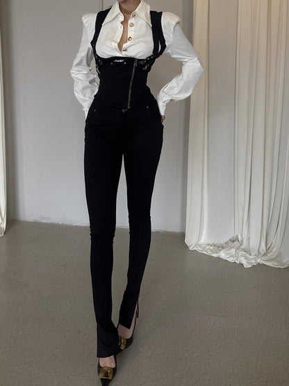 mss studio Vintage High Waist Suspender Stretch Black Women&