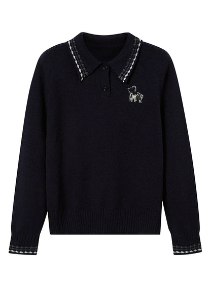 Academy Style Polo Knit With Embroidered Kitty And Heart