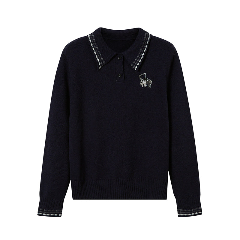 DIDDI MODA Academy Style Polo Knit With Embroidered Kitty And Heart