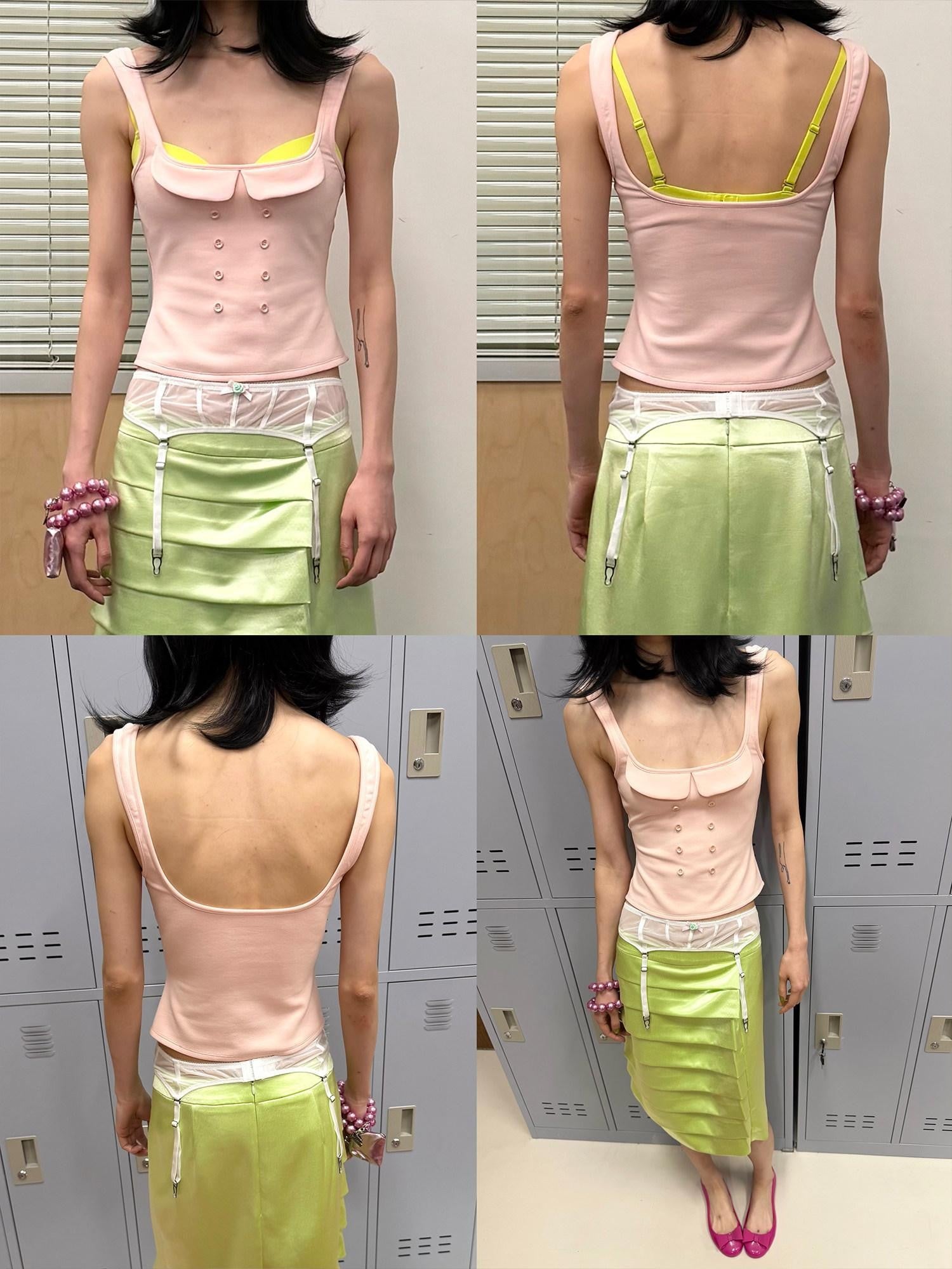 nit alcove Five Color Low Cut Button Crop H Silhouette Layering Women&