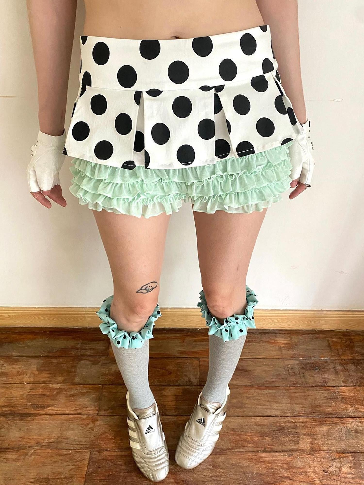 nit alcove Mint Green Polka Dot Lace Faux Two Layer Stretch Women&