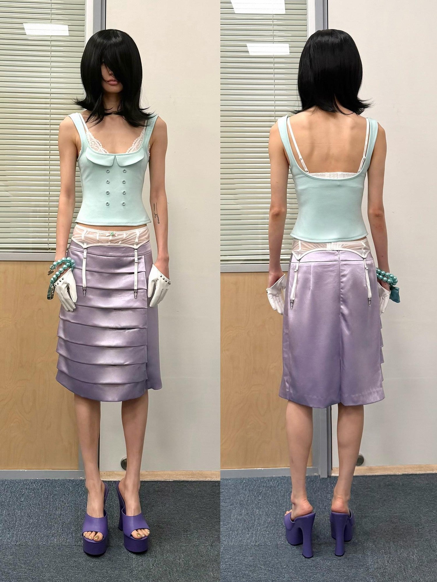 nit alcove Satin Sheen Page Pleated Slim Pencil Mid Waist Women&