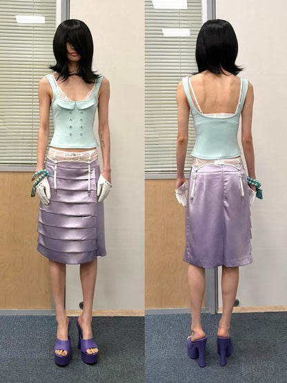 nit alcove Satin Sheen Page Pleated Slim Pencil Mid Waist Women&