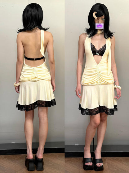 nit alcove Tri Color Bustier Pleated Low Waist Backless Women&