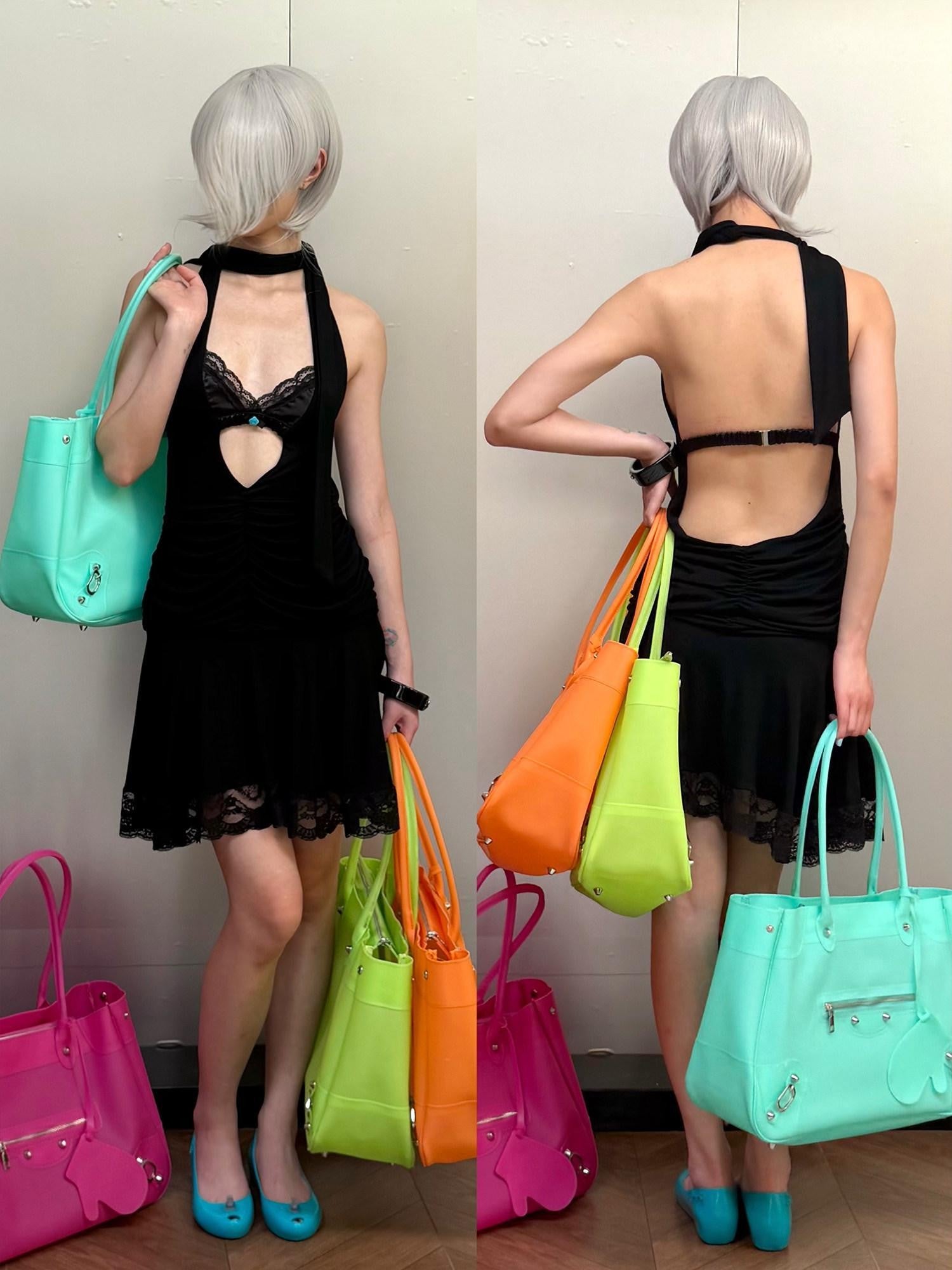nit alcove Tri Color Bustier Pleated Low Waist Backless Women&