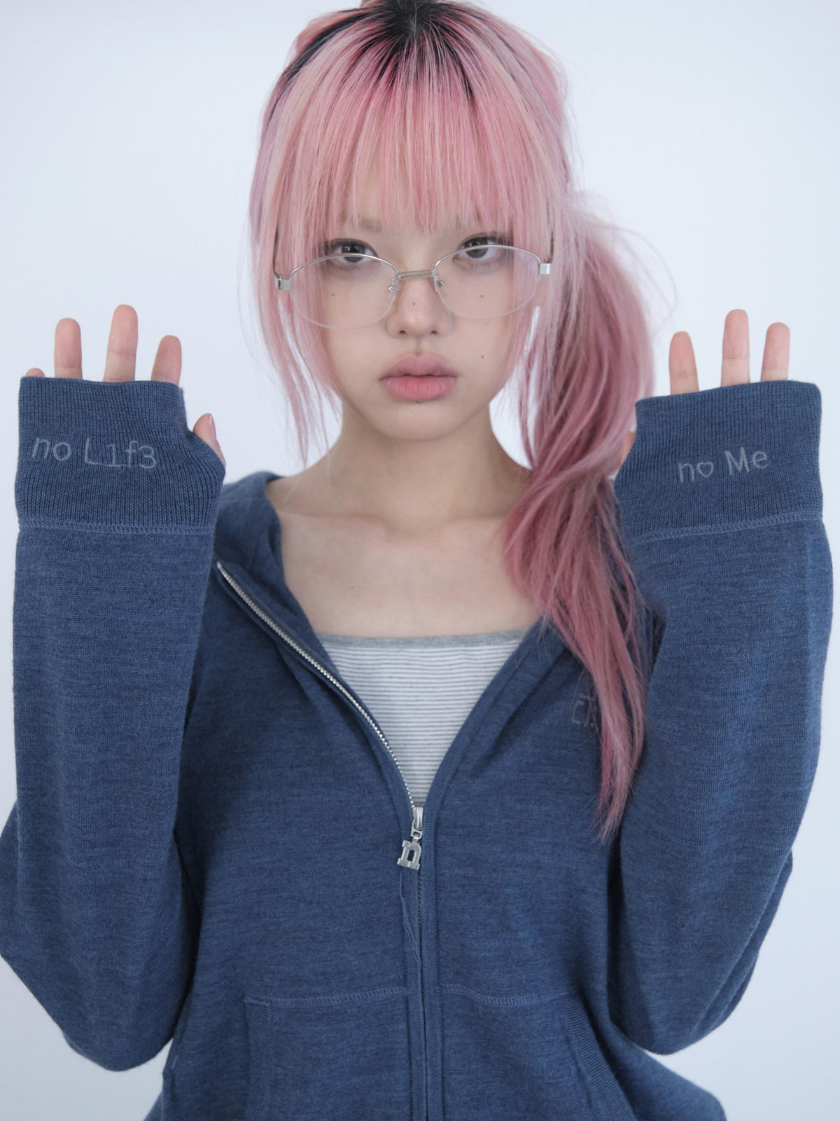 nnn society Animal Embroidered Hooded Zip Pocket Ribbed Hem Women&