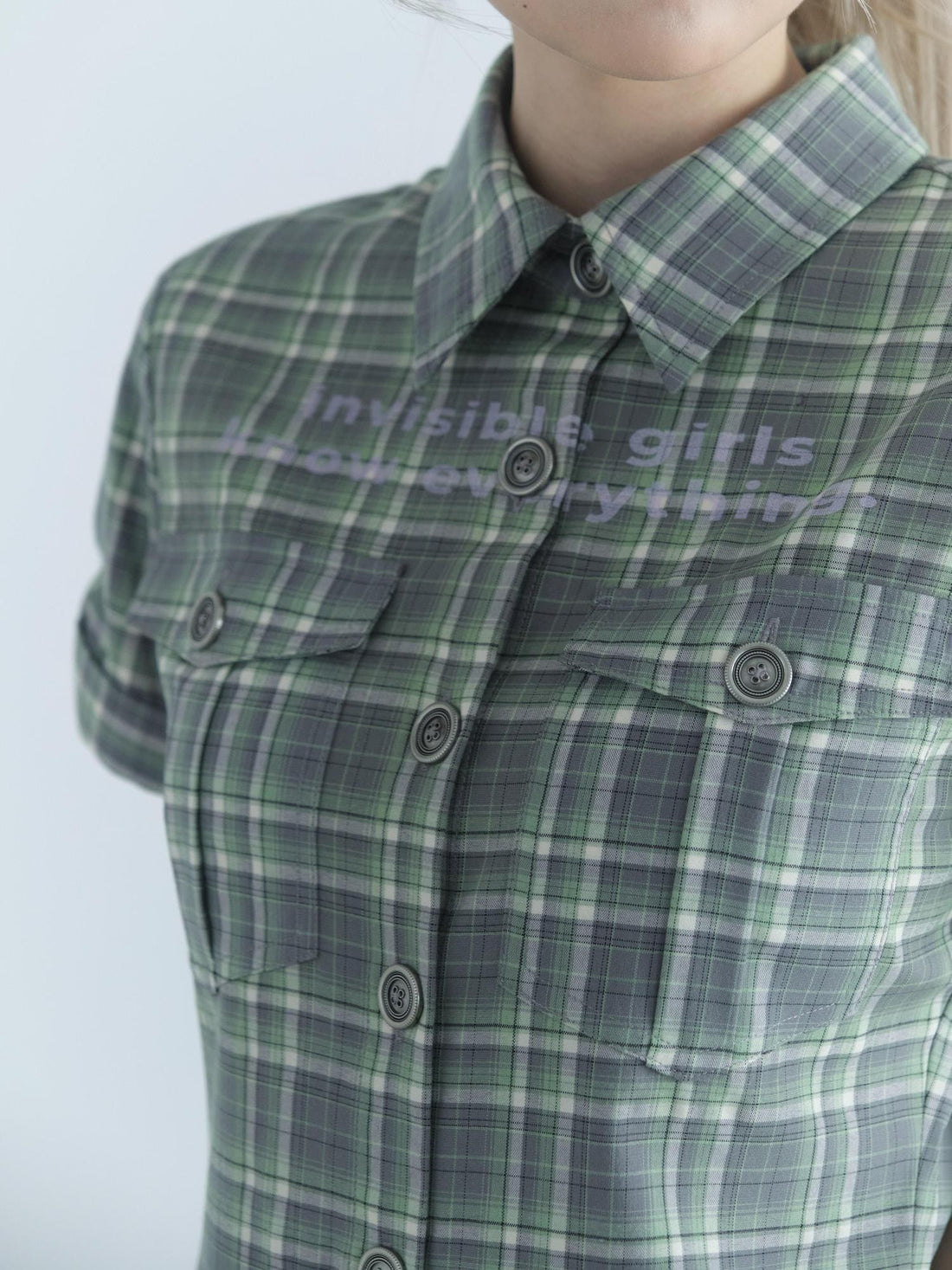 nnn society Plaid Print Pleated Low Waist Button Shirt Women&