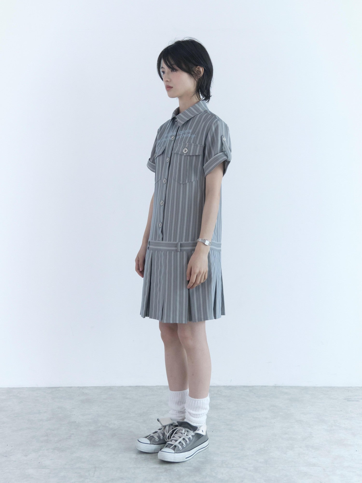 nnn society Shirt Collar Striped Print Pleated Low Waist Women&