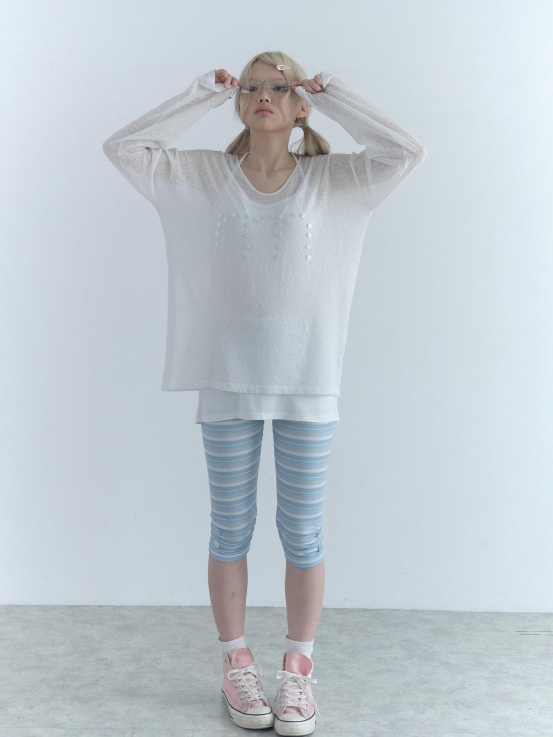 nnn society Striped Ruched Elastic Waist Irregular Button Women&