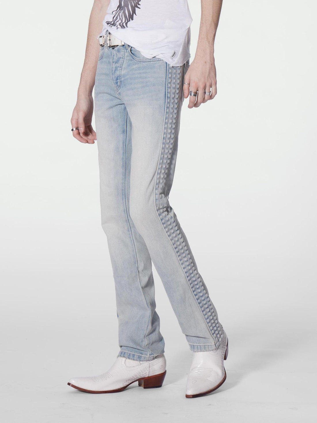 no E mosen 3d Embossed Side Studded Ice Blue Wash Slim Fit Women&