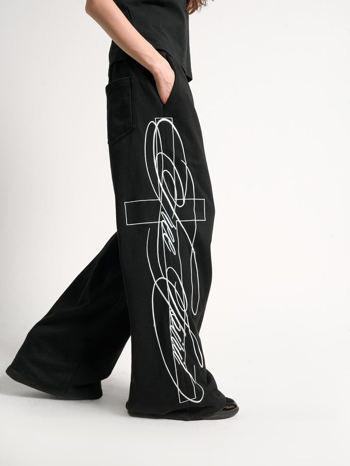 3d Embroidered Letter Cross Wide Leg Cotton Women&