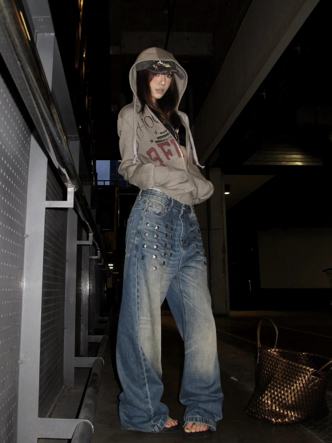 no E mosen Blue Faded Distressed Studded Loose Fit Women&