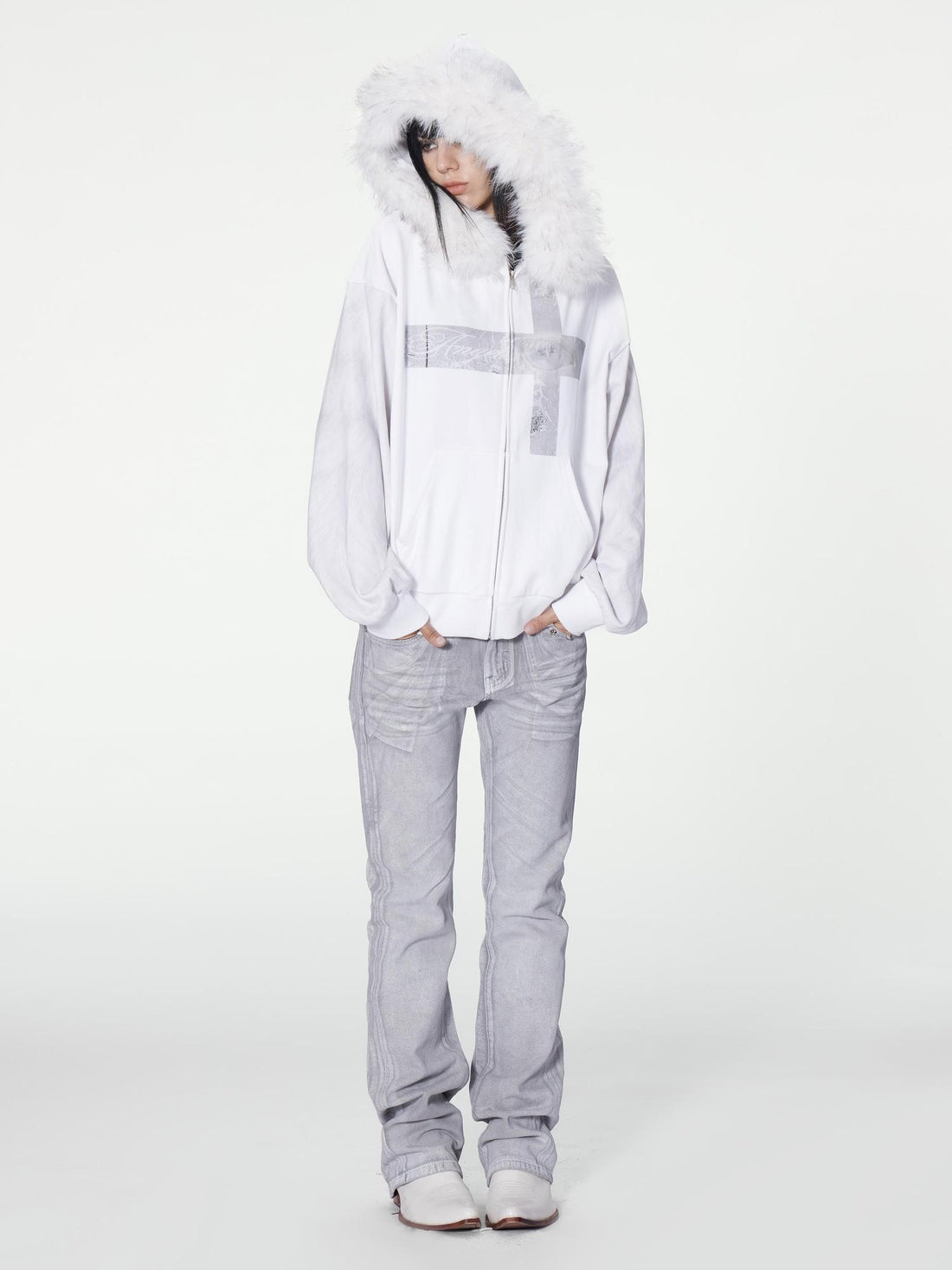 no E mosen Cross Print Faux Fur Trim Loose Fit Women&