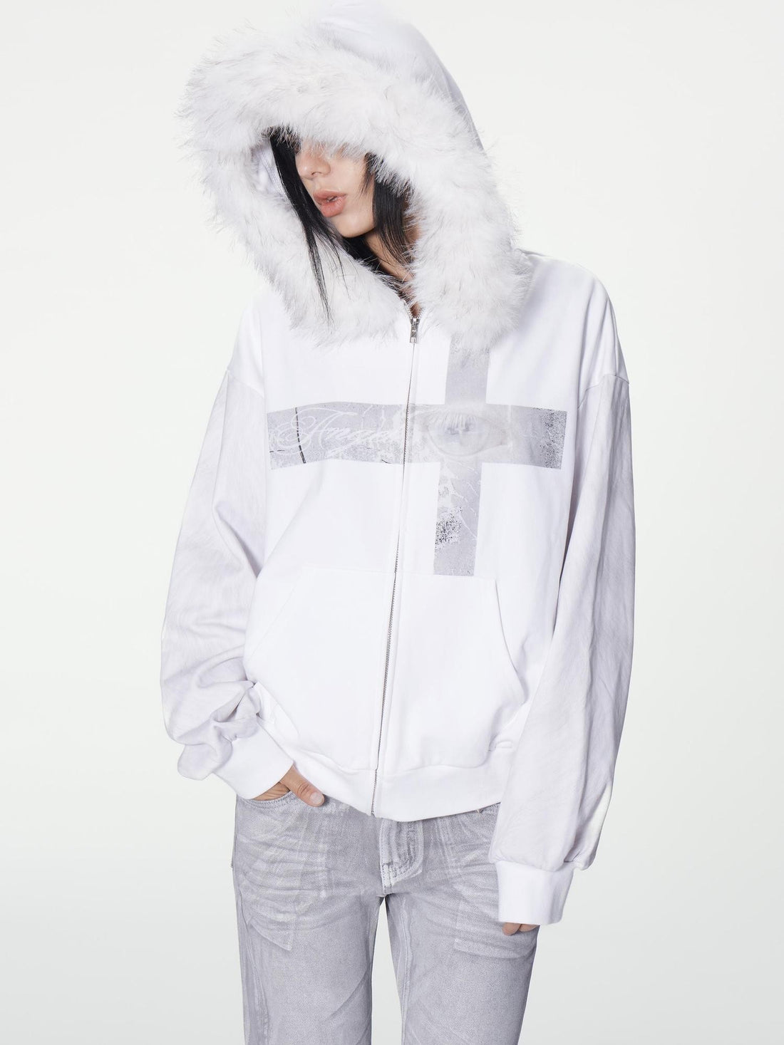 no E mosen Cross Print Faux Fur Trim Loose Fit Women&