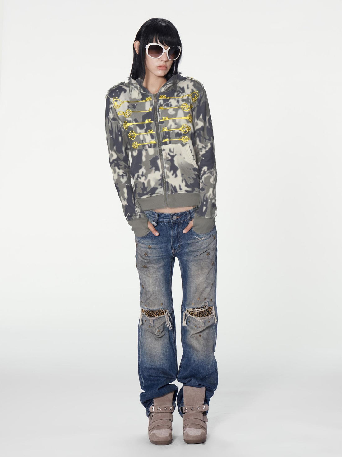 no E mosen Dirty Wash Leopard Print Star Studded Cotton Women&