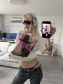 no E mosen Embroidered Psychedelic Girl Print Fitted Cropped Streetwear Women&
