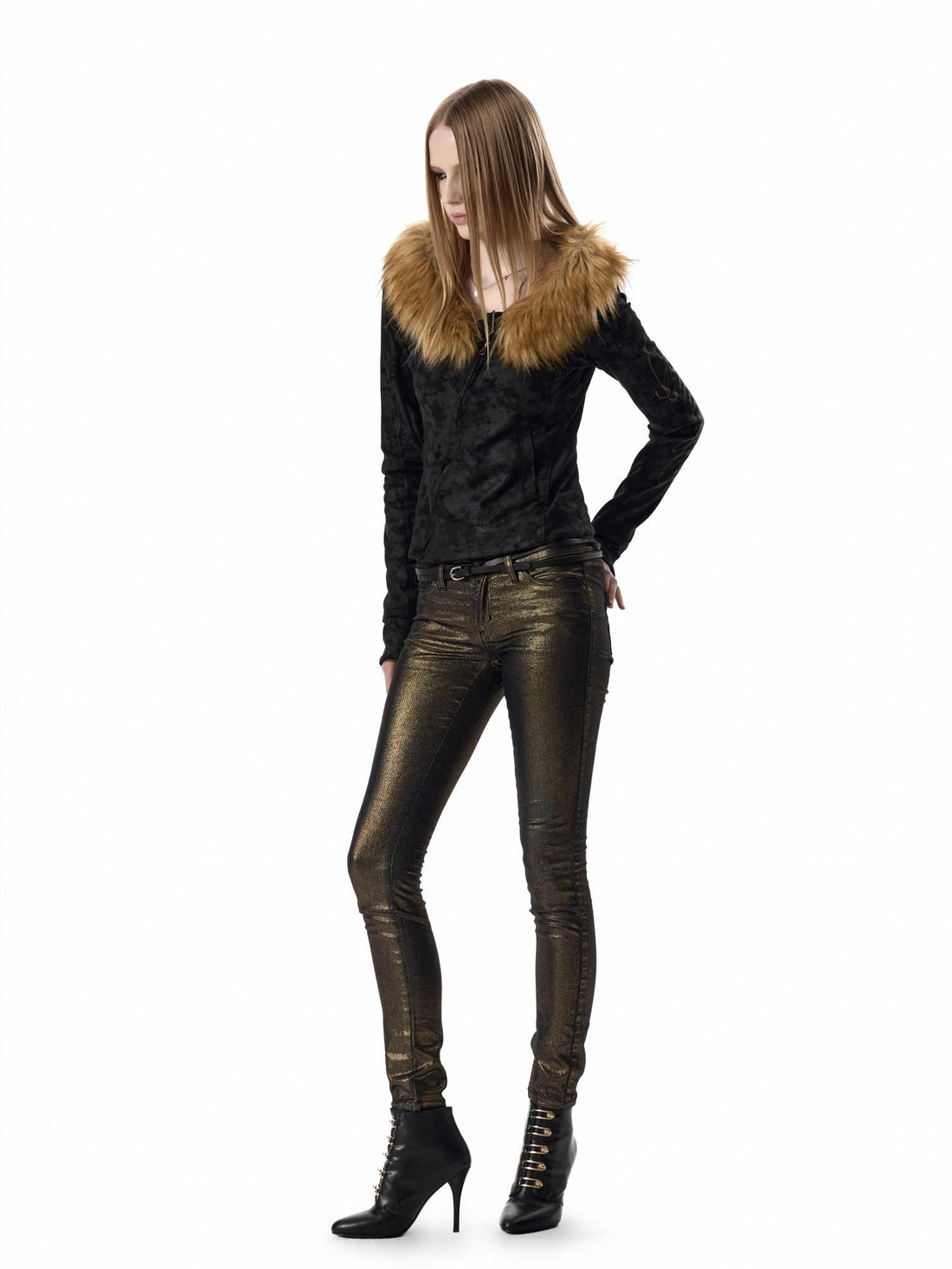 no E mosen Foil Print Distressed Faux Suede Fur Collar Slim Fit Women&