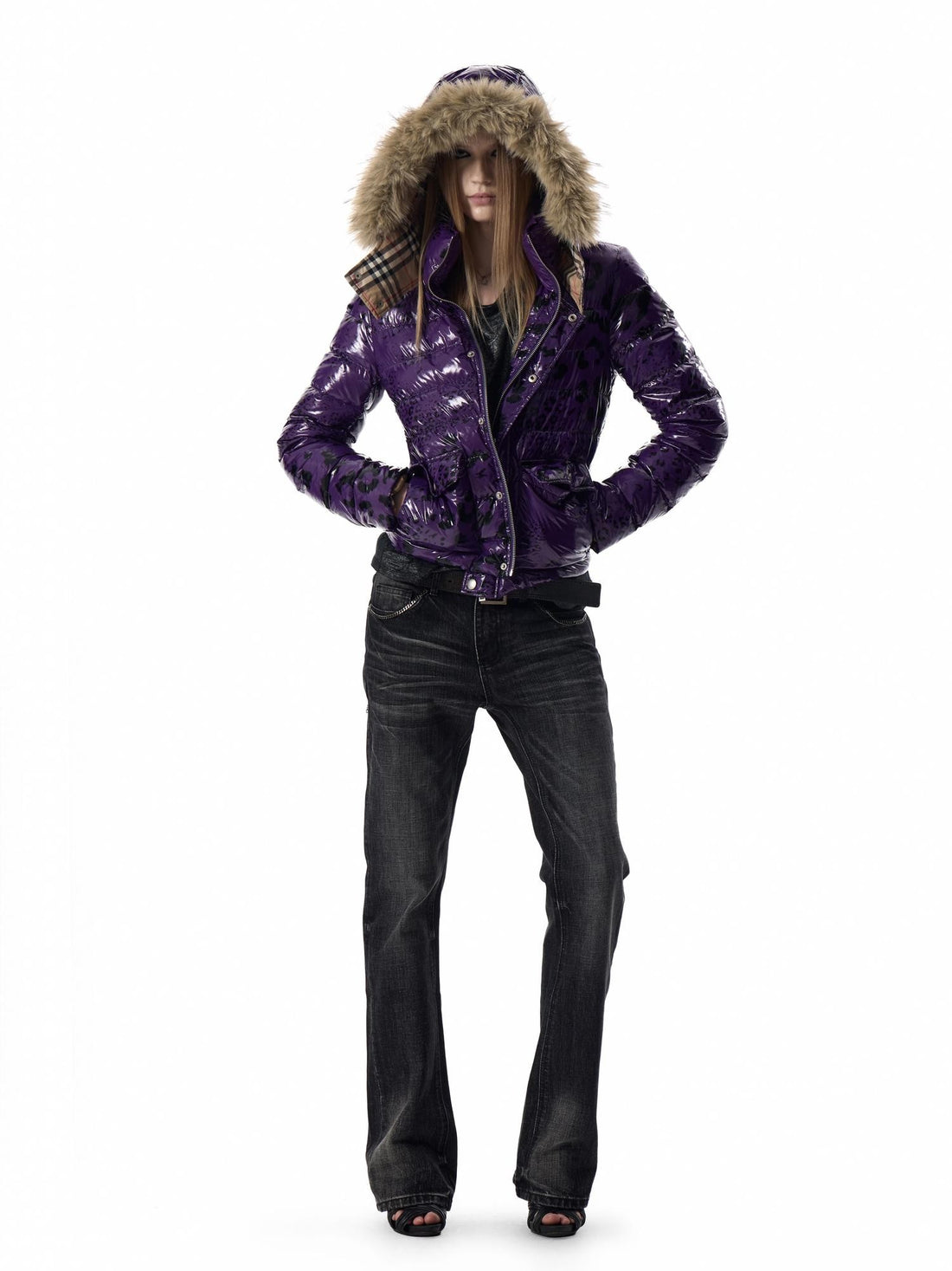 no E mosen Glossy Leopard Print Plaid Fitted Hooded Faux Fur Collar Women&