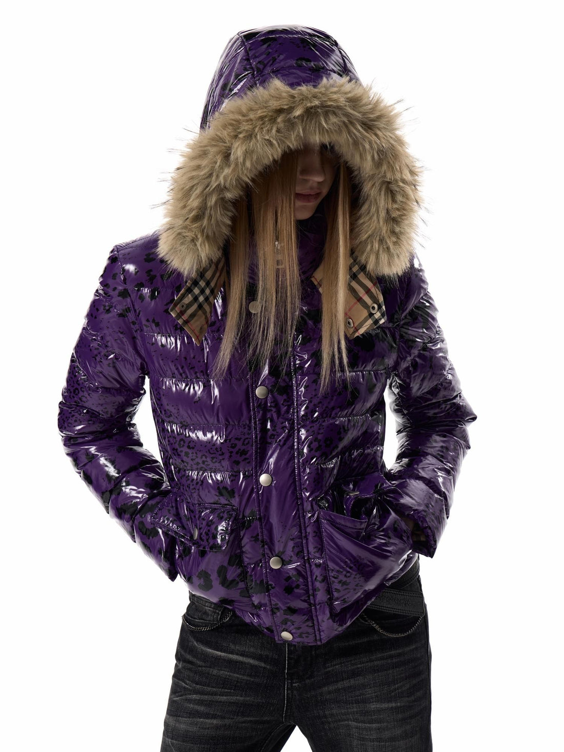 no E mosen Glossy Leopard Print Plaid Fitted Hooded Faux Fur Collar Women&