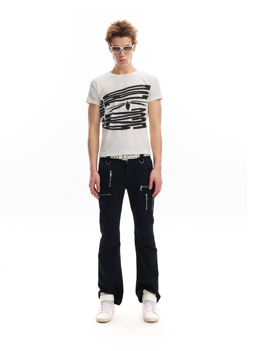 no E mosen Glossy Multi Zipper Metal Embellished 3d Womens Cotton Skinny Pants