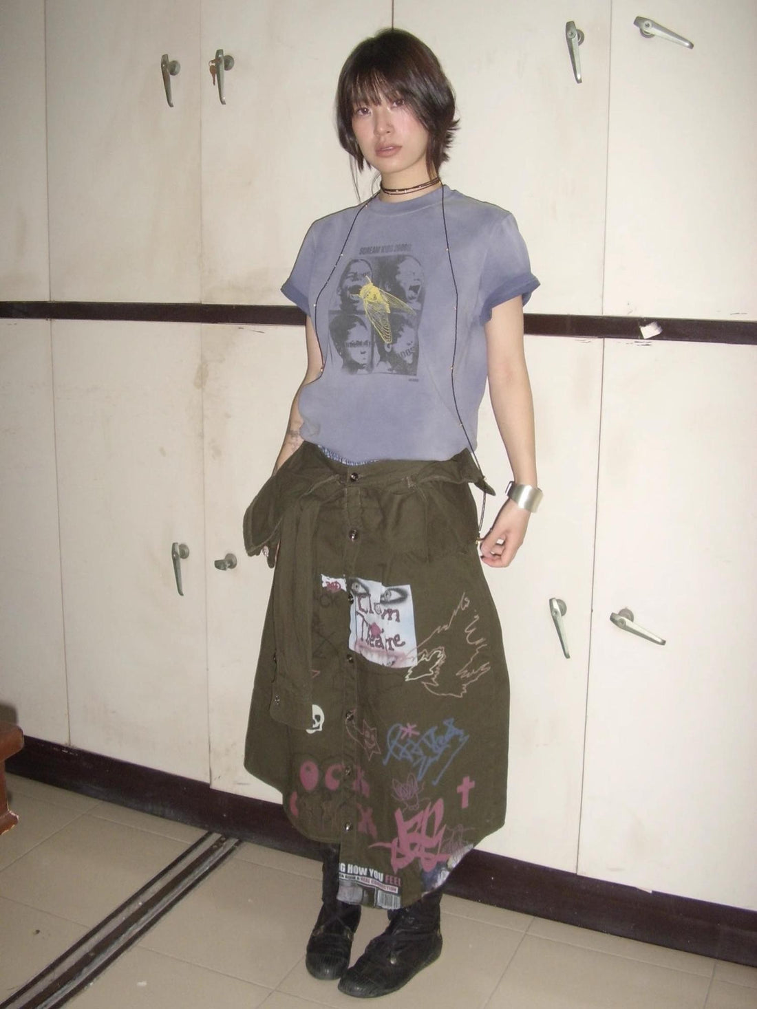 no E mosen Gradient Blue Washed Scream Kids Print Loose Women&