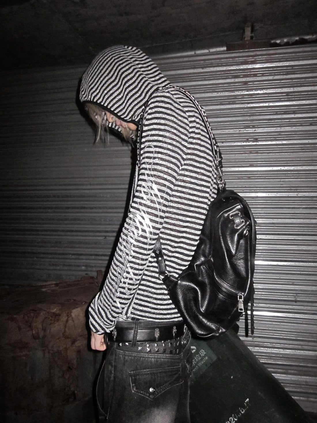 no E mosen Irregular Vintage Striped Hollow Out Hooded Silver Print Women&