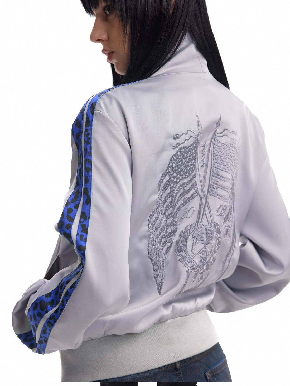 Leopard Print Embroidered Color Block Satin Women&