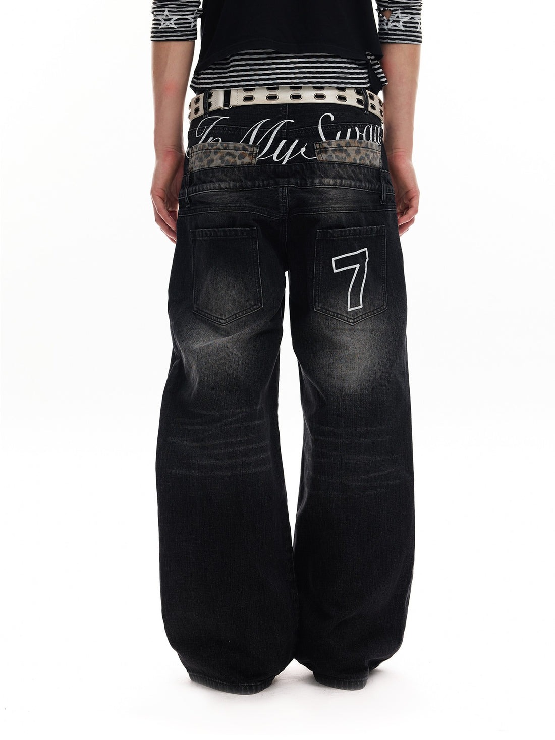 no E mosen Leopard Print Embroidered Double Waist Loose Fit Cotton Women&