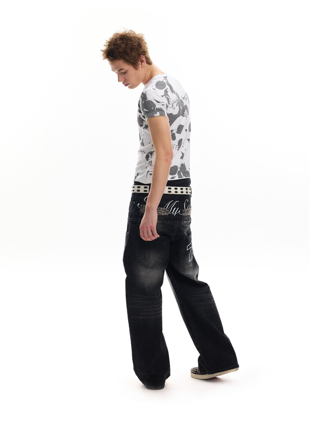 no E mosen Leopard Print Embroidered Double Waist Loose Fit Cotton Women&