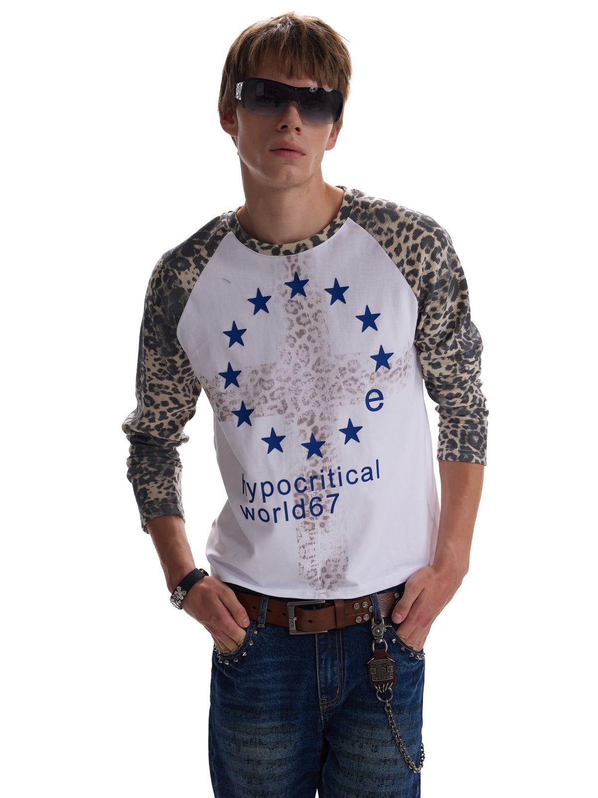 no E mosen Leopard Print Embroidered Raglan Sleeve Color Block Women&