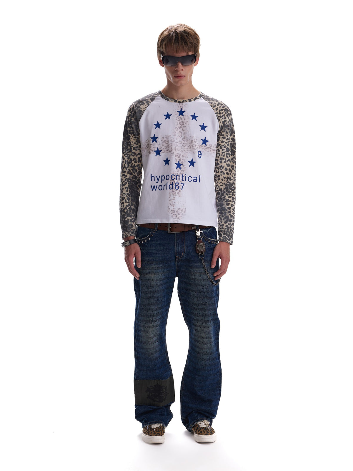 no E mosen Leopard Print Embroidered Raglan Sleeve Color Block Women&