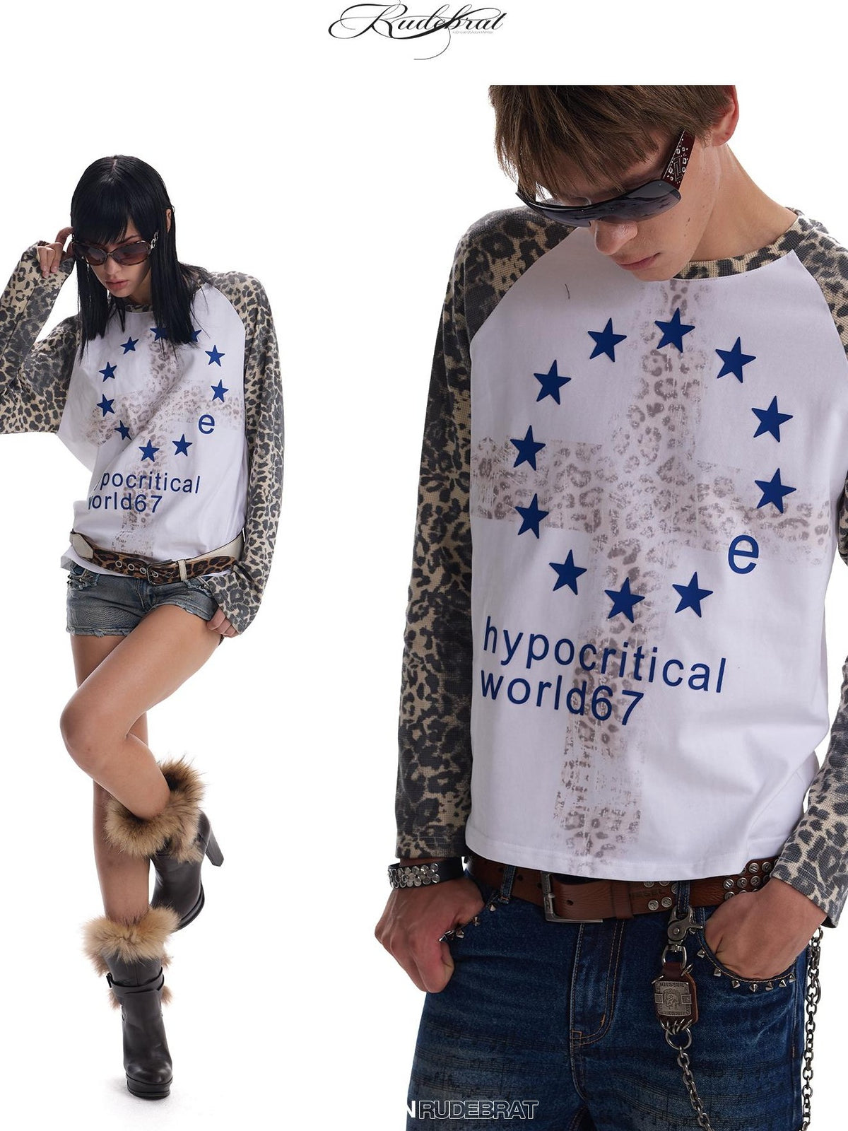 no E mosen Leopard Print Embroidered Raglan Sleeve Color Block Women&