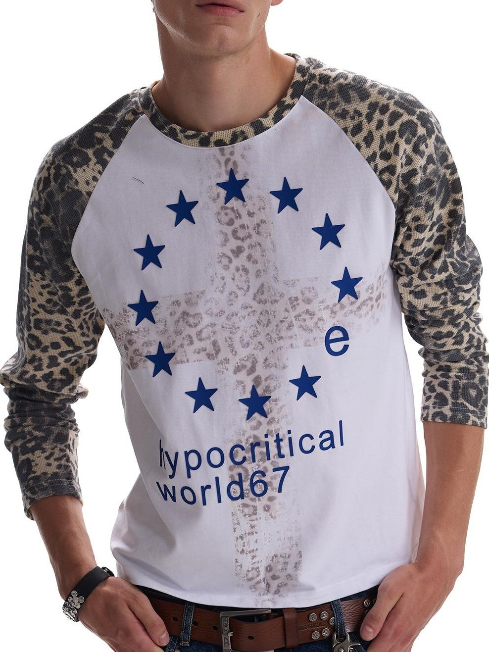 no E mosen Leopard Print Embroidered Raglan Sleeve Color Block Women&