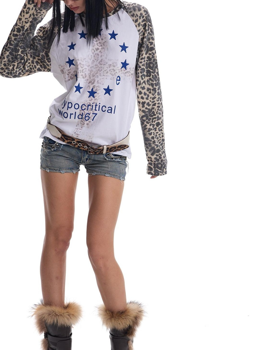 no E mosen Leopard Print Embroidered Raglan Sleeve Color Block Women&